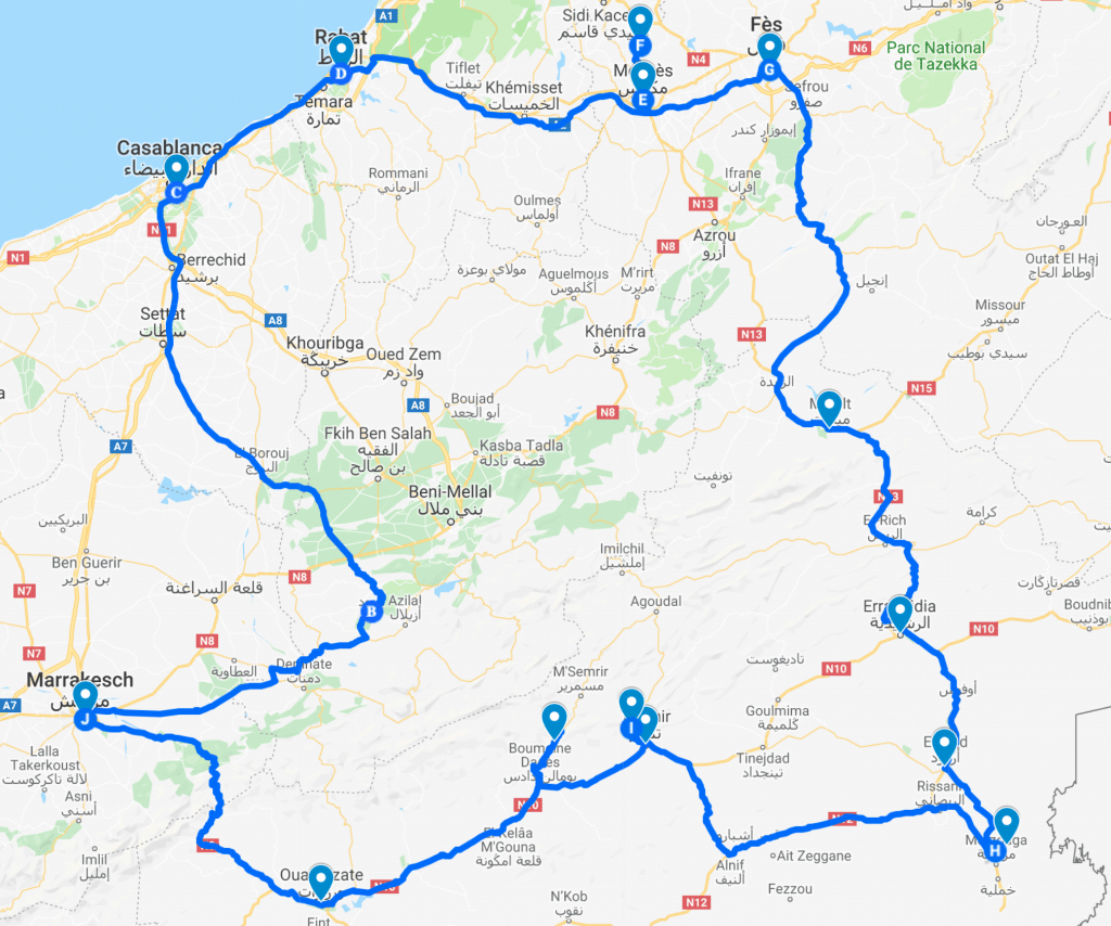 map showing our route in Morocco