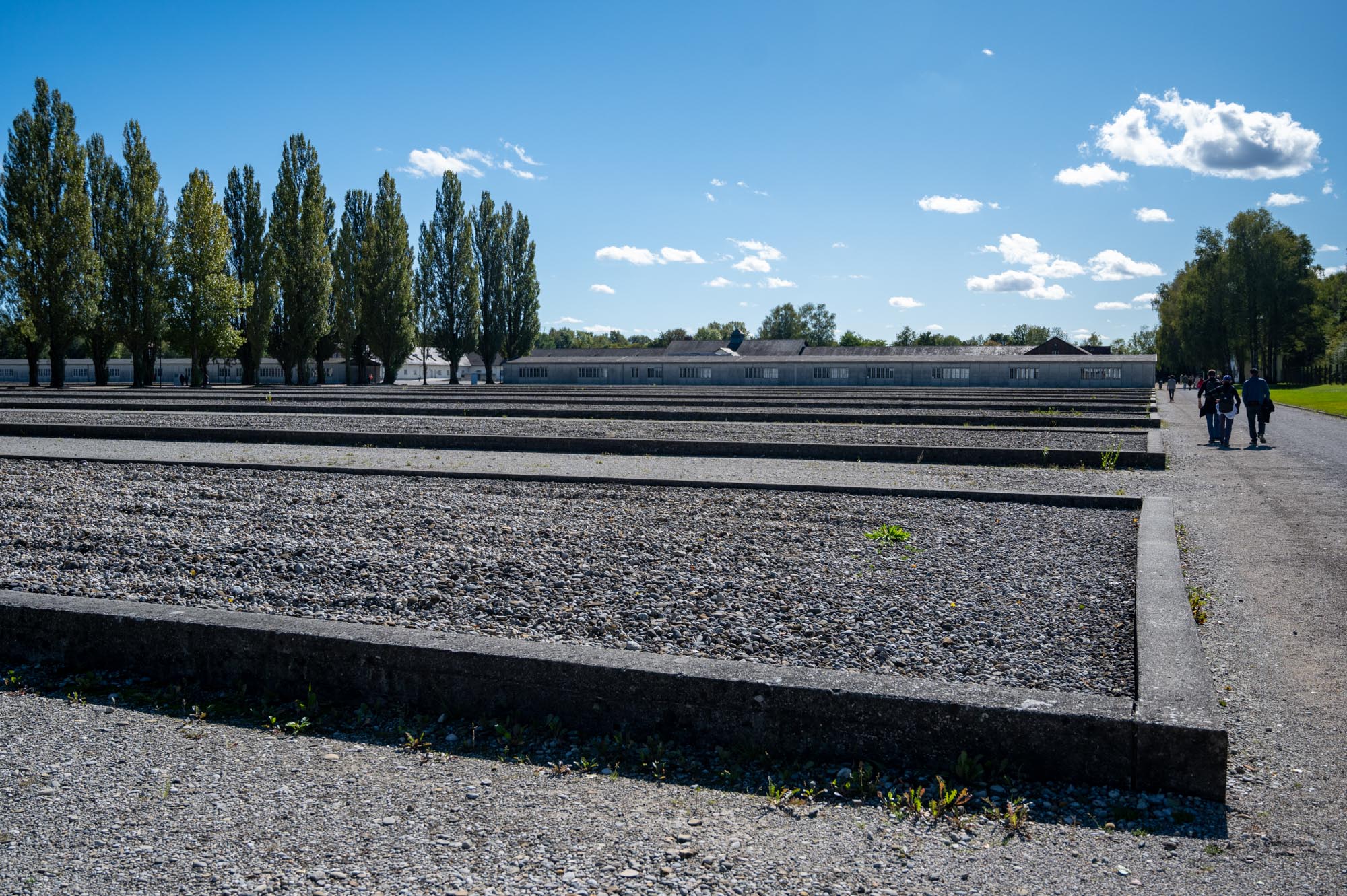 The rectangles mark where the barracks once stood in Dachau