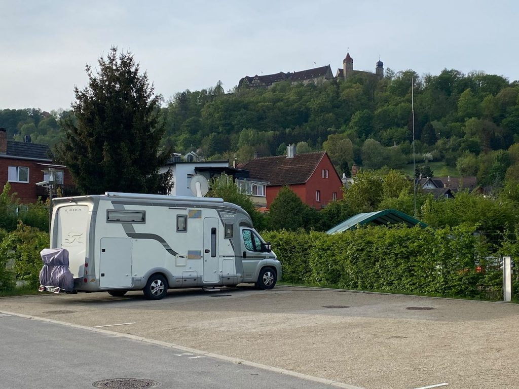 caravan parking lot with a view of the castle