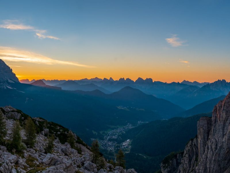 A panorama of sunrise over the dolomites in Italy.