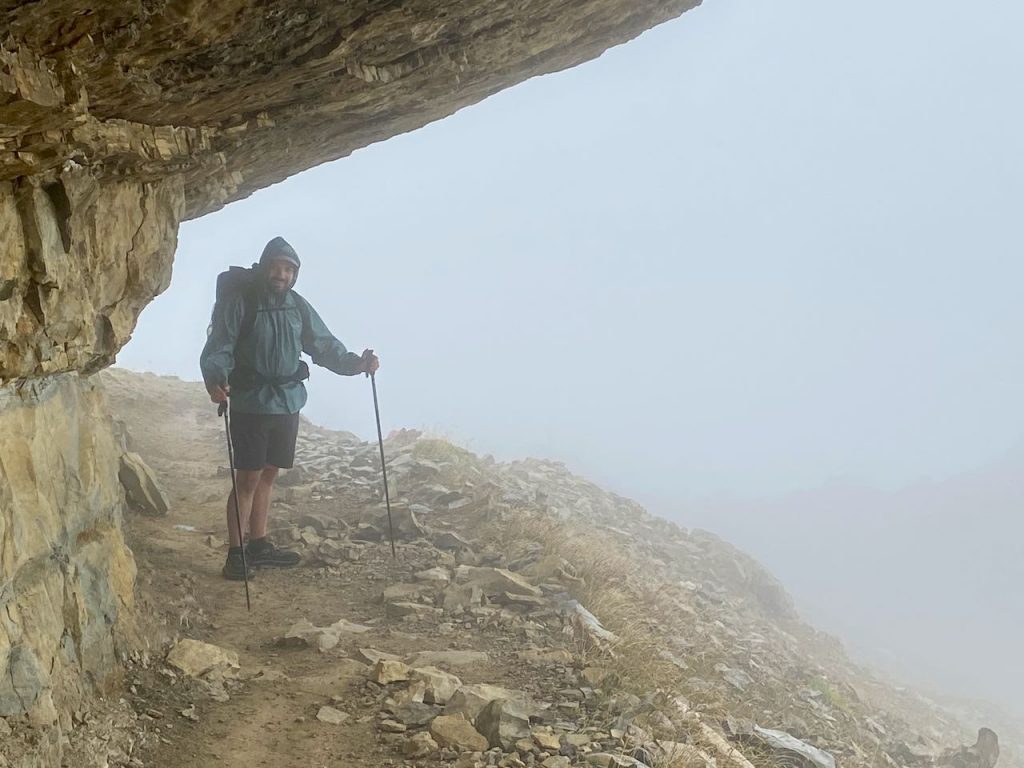 Leon on a foggy ridge in the Dolomites