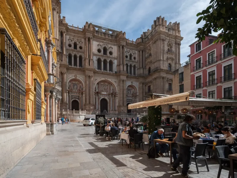 Malaga Cathedral Exterior-1 Historic cathedral with outdoor dining area