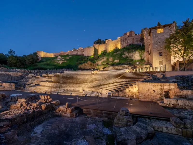Malaga Roman Amphitheater Ancient amphitheater illuminated at night