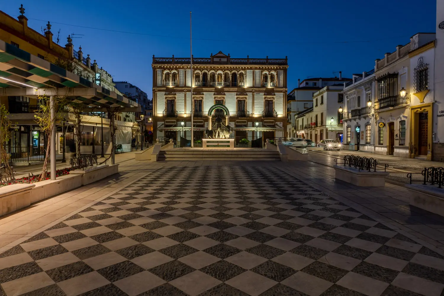 Ronda Plaza del Socorro-1 Historic plaza illuminated at night